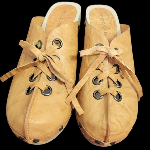 Kelsi Dagger Clogs Tan Leather Lace Up Wedge Wood Heel Mule Slip On Retro Size 9 - Picture 2 of 15